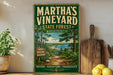 A vintage-style metal sign for Martha's Vineyard State Forest in Massachusetts, featuring a scenic illustration of pine trees, a beach, and a path leading through the forest.