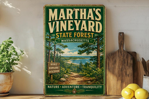 A vintage-style metal sign for Martha's Vineyard State Forest in Massachusetts, featuring a scenic illustration of pine trees, a beach, and a path leading through the forest.