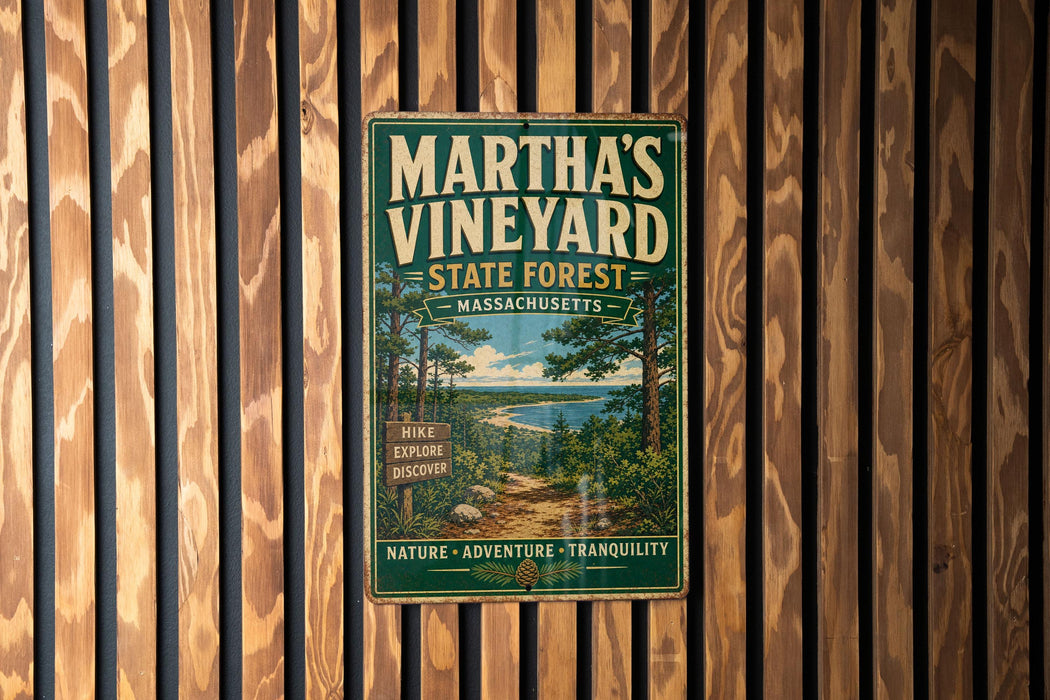 A vintage-style metal sign for Martha's Vineyard State Forest in Massachusetts, featuring a scenic illustration of a forest and a river.