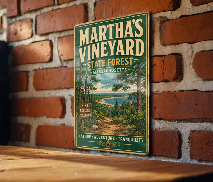 A vintage-style metal sign for Martha's Vineyard State Forest in Massachusetts, featuring a scenic image of a forest trail and a beach.