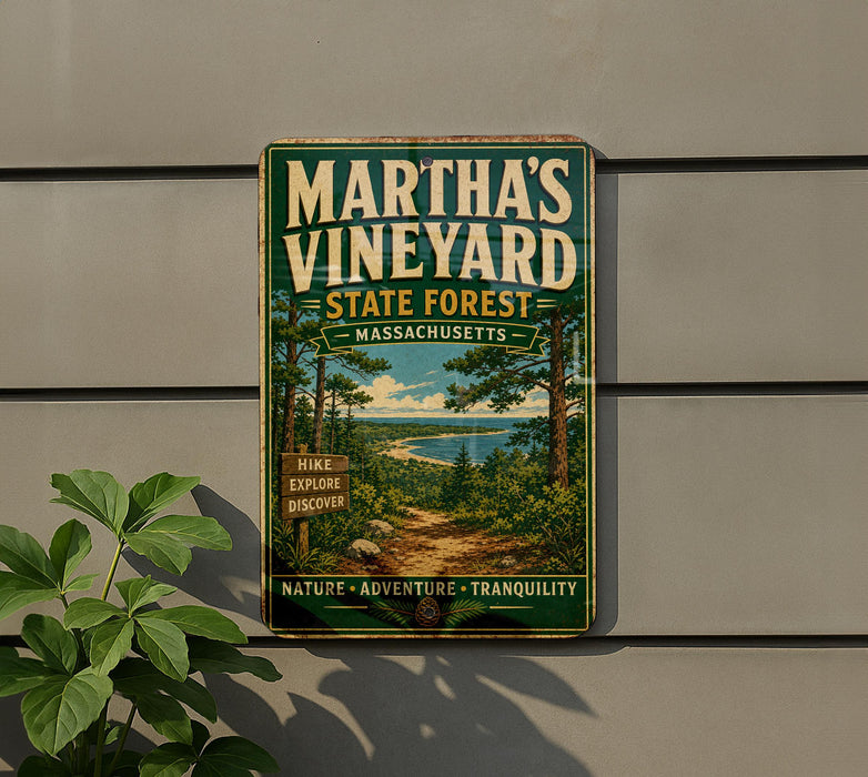 A vintage-style metal sign for Martha's Vineyard State Forest in Massachusetts, featuring a scenic image of a forest and a river.