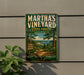 A vintage-style metal sign for Martha's Vineyard State Forest in Massachusetts, featuring a scenic image of a forest and a river.