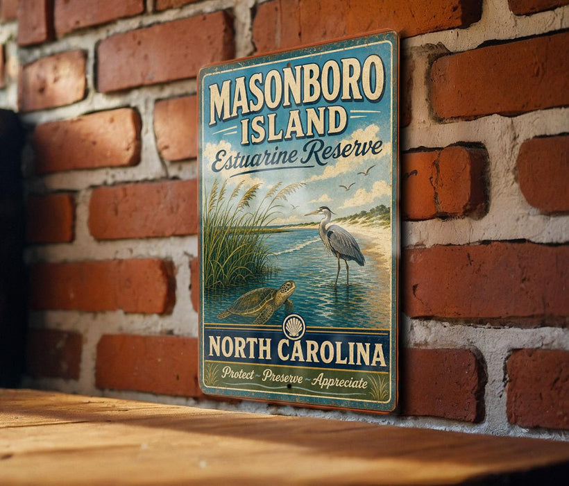 A vintage-style metal sign for Masonboro Island Estuarine Reserve in North Carolina, featuring an illustration of a bird and a turtle in a grassy area with water.