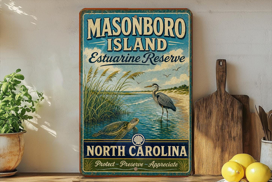 A vintage-style sign for Masonboro Island Estuarine Reserve in North Carolina, featuring a seagull and a turtle in a grassy area with a body of water.