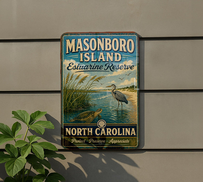 A vintage-style metal sign for Masonboro Island Estuarine Reserve in North Carolina, featuring a seagull and a turtle in a grassy area with a body of water.