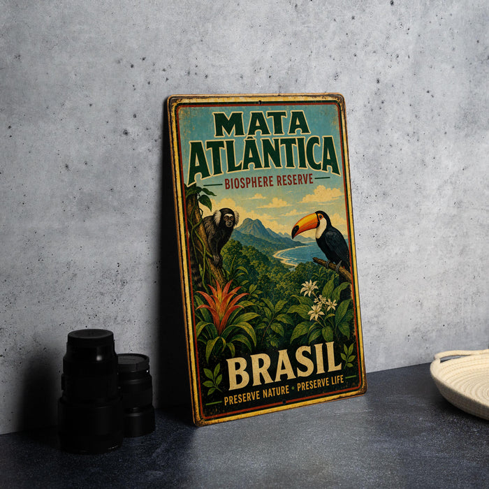 A vintage metal sign for the Matata Atlantica Biosphere Reserve in Brazil, featuring a toucan and lush tropical foliage.