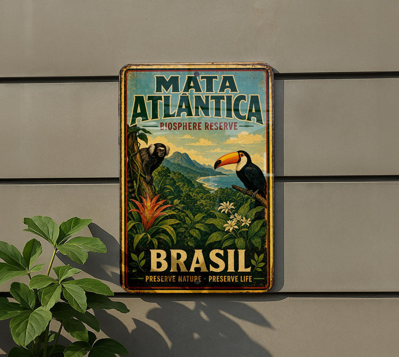 A vintage-style metal sign for the Mata Atlantica Biosphere Reserve in Brazil, featuring a toucan and lush tropical foliage.