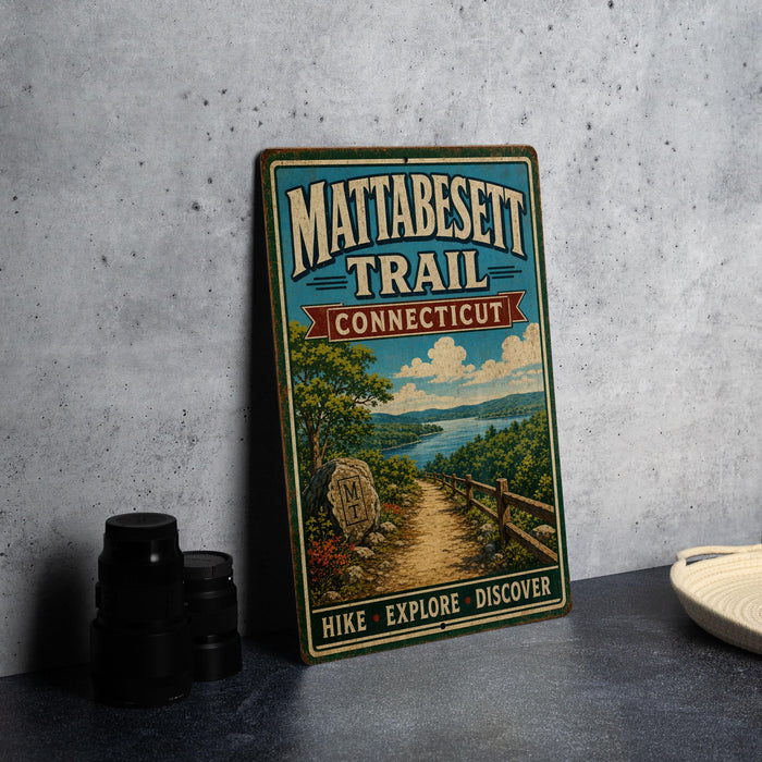 A vintage metal sign for the Mattabesett Trail in Connecticut, featuring a scenic illustration of a path leading through a forested landscape.