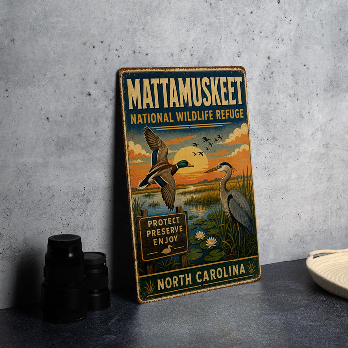 A vintage-style metal sign for the Mattamukkee National Wildlife Refuge in North Carolina, featuring illustrations of ducks and other wildlife.
