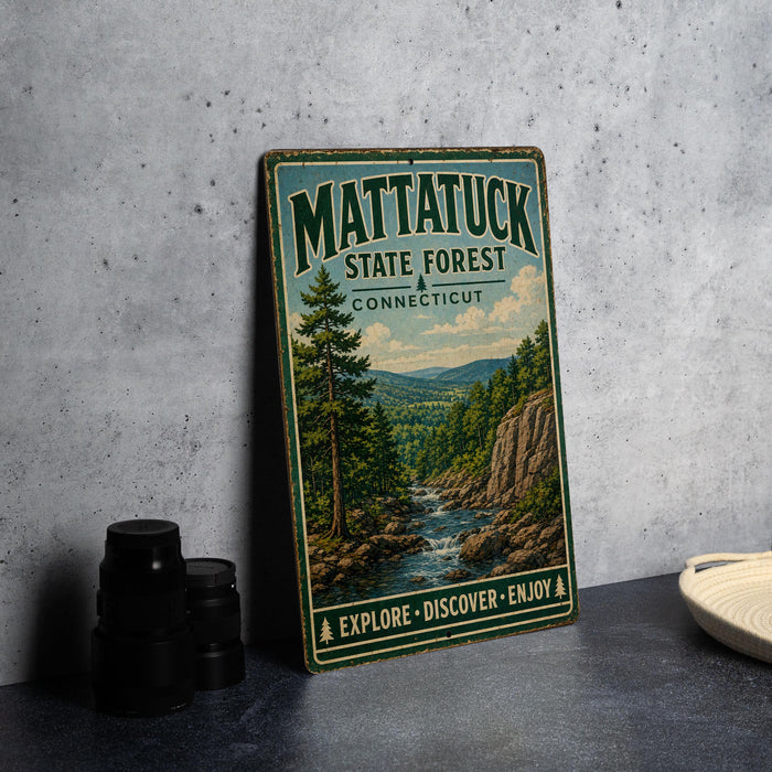 A vintage-style metal sign for Mattatuck State Forest in Connecticut, featuring a scenic illustration of a forest and a river.