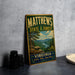 A vintage metal sign for Matthews State Forest in Virginia, featuring a scenic landscape with pine trees and a river.