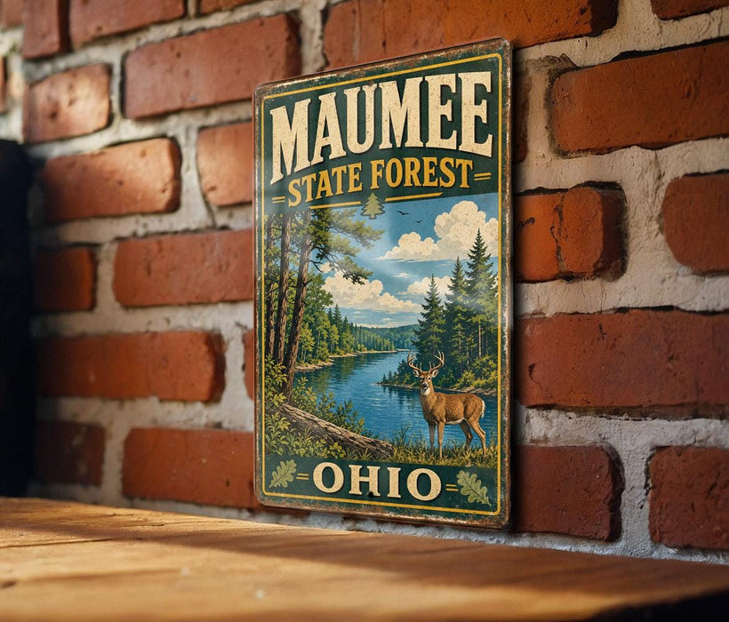 A vintage metal sign for the Maumee State Forest in Ohio, featuring a scenic illustration of a deer in the foreground with a river and forest in the background.