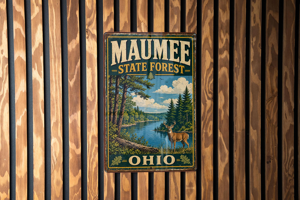 A vintage metal sign for the Mauhee State Forest in Ohio, featuring a scenic landscape with a deer and pine trees.