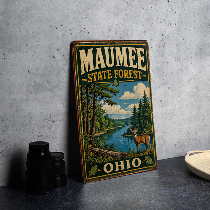 A vintage metal sign for the Maumee State Forest in Ohio, featuring an illustration of a deer in a forest setting.