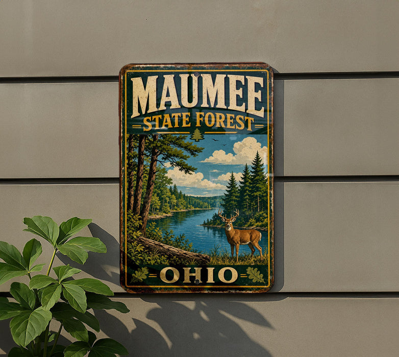 A metal sign with the text "MAUMEE STATE FOREST OHIO" and an illustration of a deer in a forest setting.