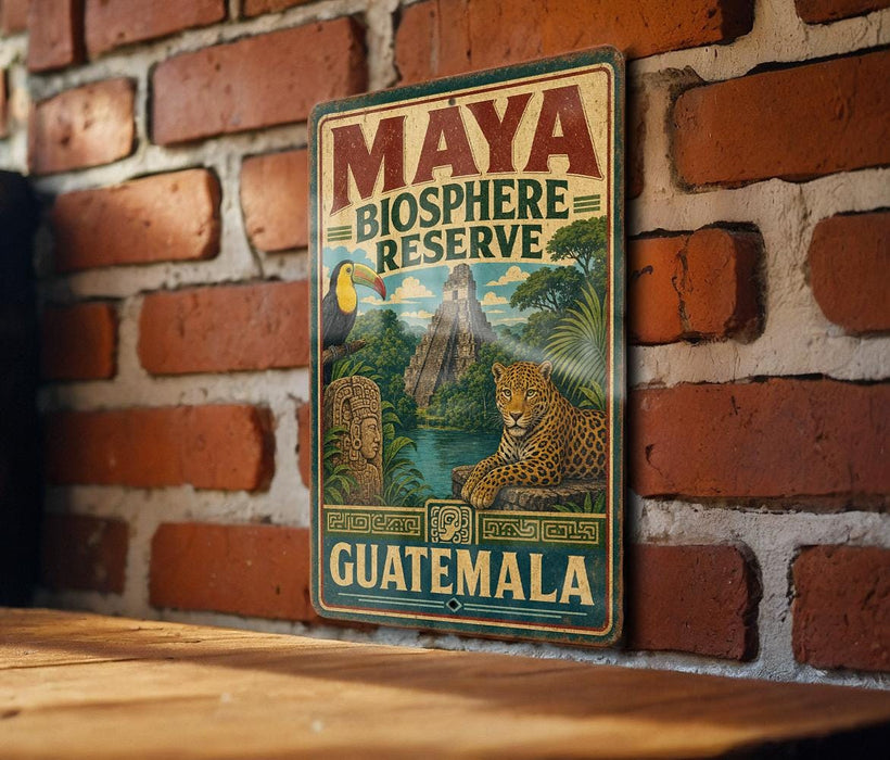 A vintage-style sign for the Maya Biosphere Reserve in Guatemala, featuring a lush tropical landscape with a jaguar and a Mayan pyramid.