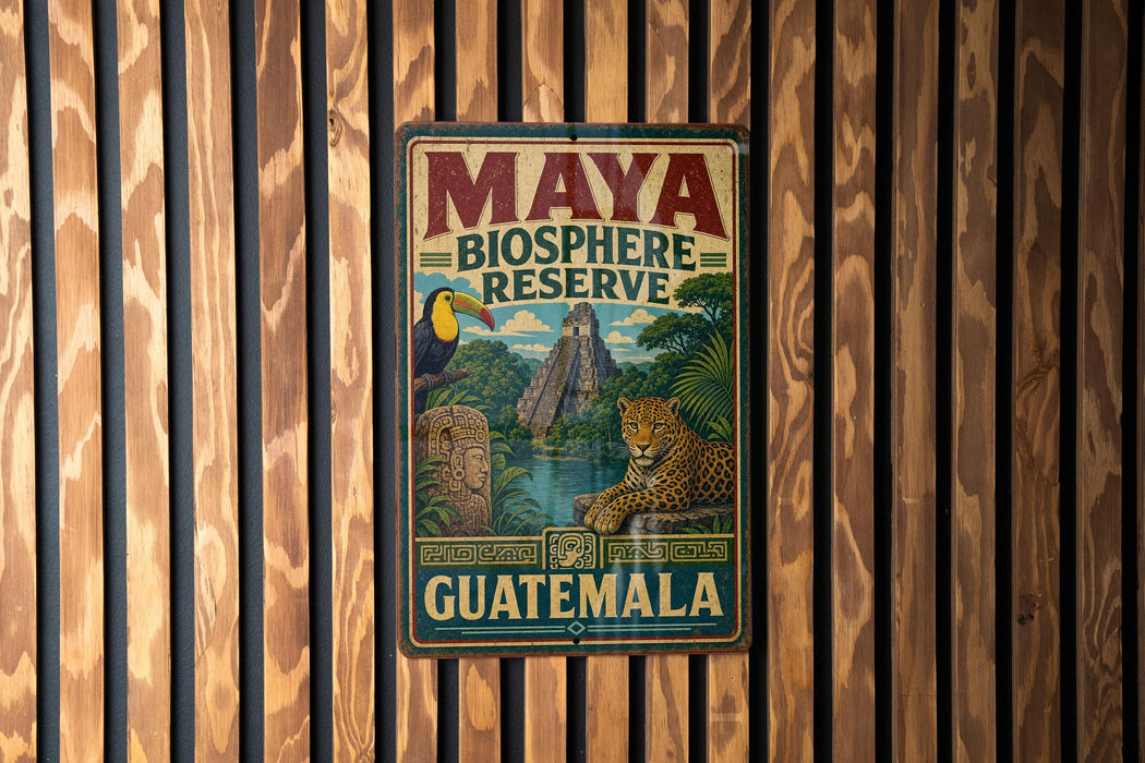 A vintage-style metal sign for the Maya Biosphere Reserve in Guatemala, featuring a tropical landscape with a toucan, a jaguar, and a pyramid.