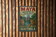 A vintage-style metal sign for the Maya Biosphere Reserve in Guatemala, featuring a tropical landscape with a toucan, a jaguar, and a pyramid.