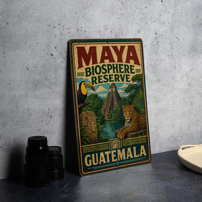 A vintage-style metal sign for the Maya Biosphere Reserve in Guatemala, featuring an illustration of tropical wildlife and landmarks.