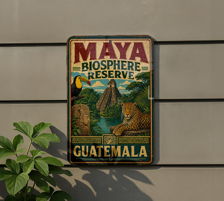 A vintage-style sign for the Maya Biosphere Reserve in Guatemala, featuring a tropical landscape with a toucan, a jaguar, and a pyramid.