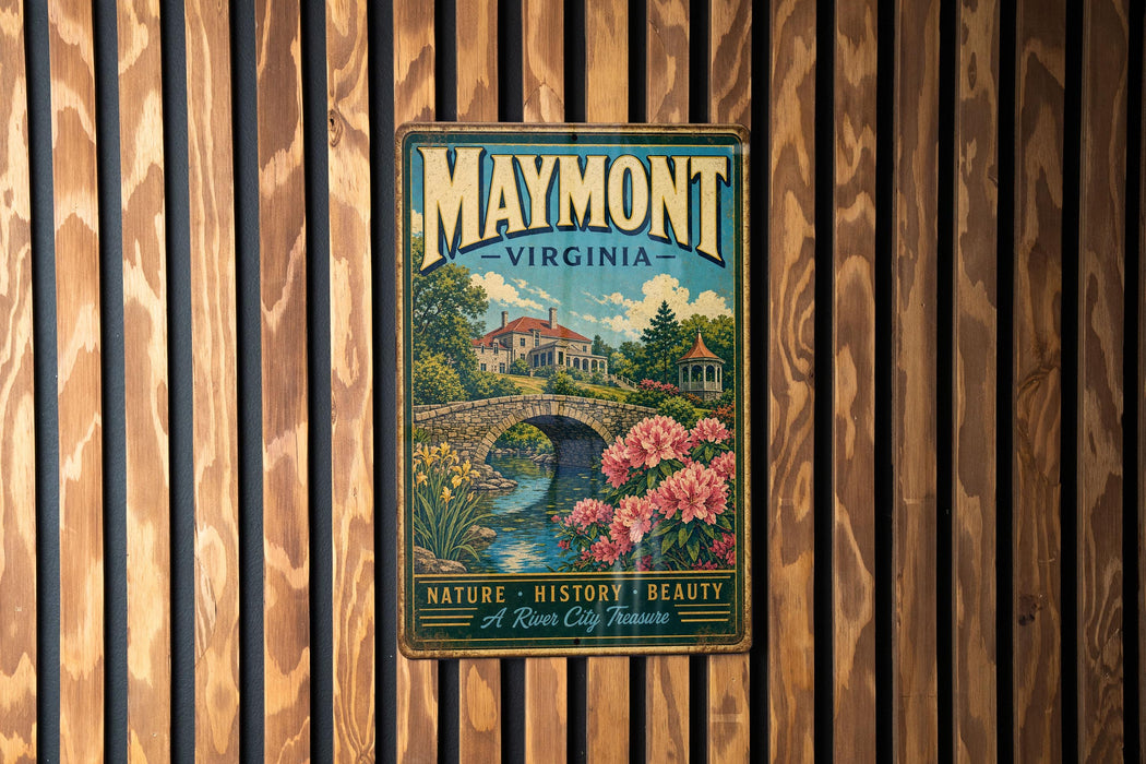 A vintage metal sign for Maymont, Virginia, featuring a scenic illustration of a bridge, flowers, and a house, mounted on a wooden wall.
