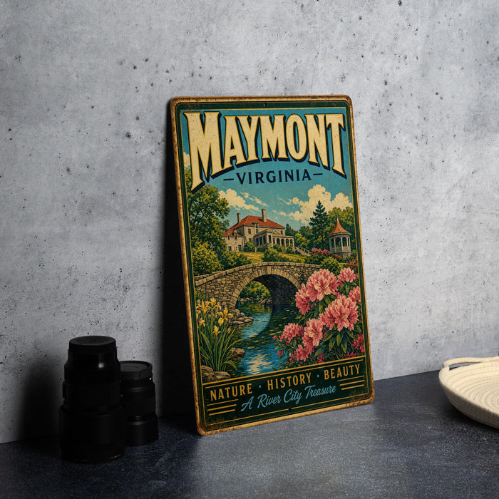 A vintage-style metal sign for Maymont, Virginia, featuring a scenic illustration of a bridge, flowers, and a river.