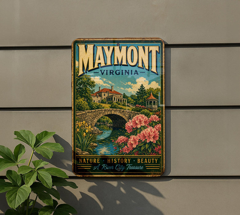 A vintage-style metal sign with the text "MAYMONT VIRGINIA" and an illustration of a scenic landscape with a bridge, flowers, and a river.
