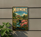 A vintage-style metal sign with the text "MAYMONT VIRGINIA" and an illustration of a scenic landscape with a bridge, flowers, and a river.