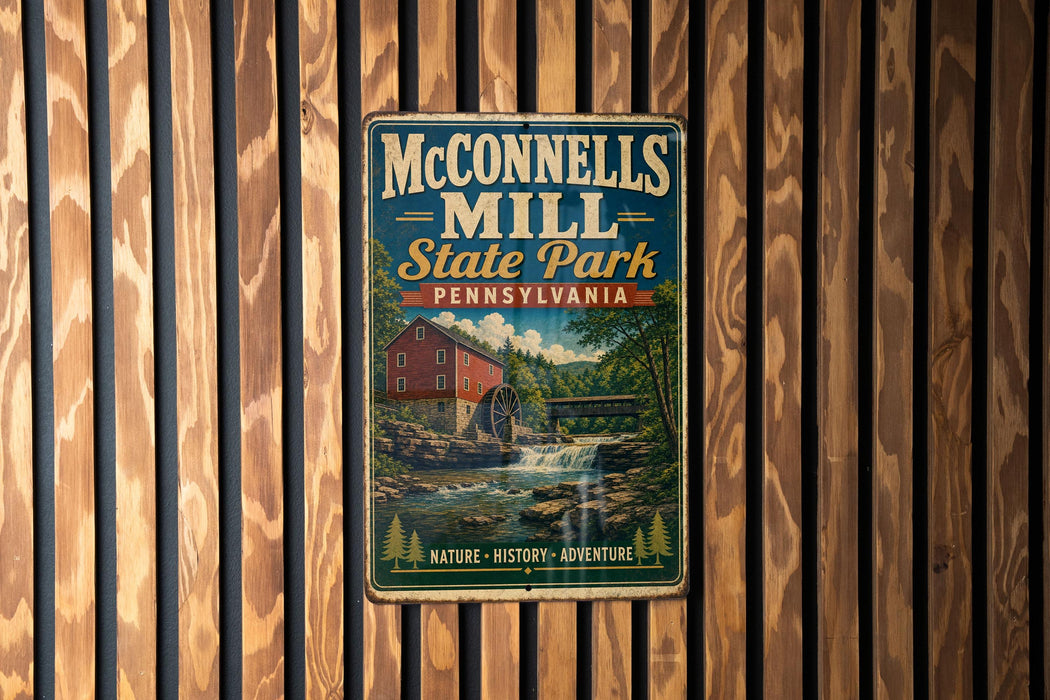 A vintage-style metal sign for McConnells Mill State Park in Pennsylvania, featuring a red brick building and a waterfall, mounted on a wooden wall.