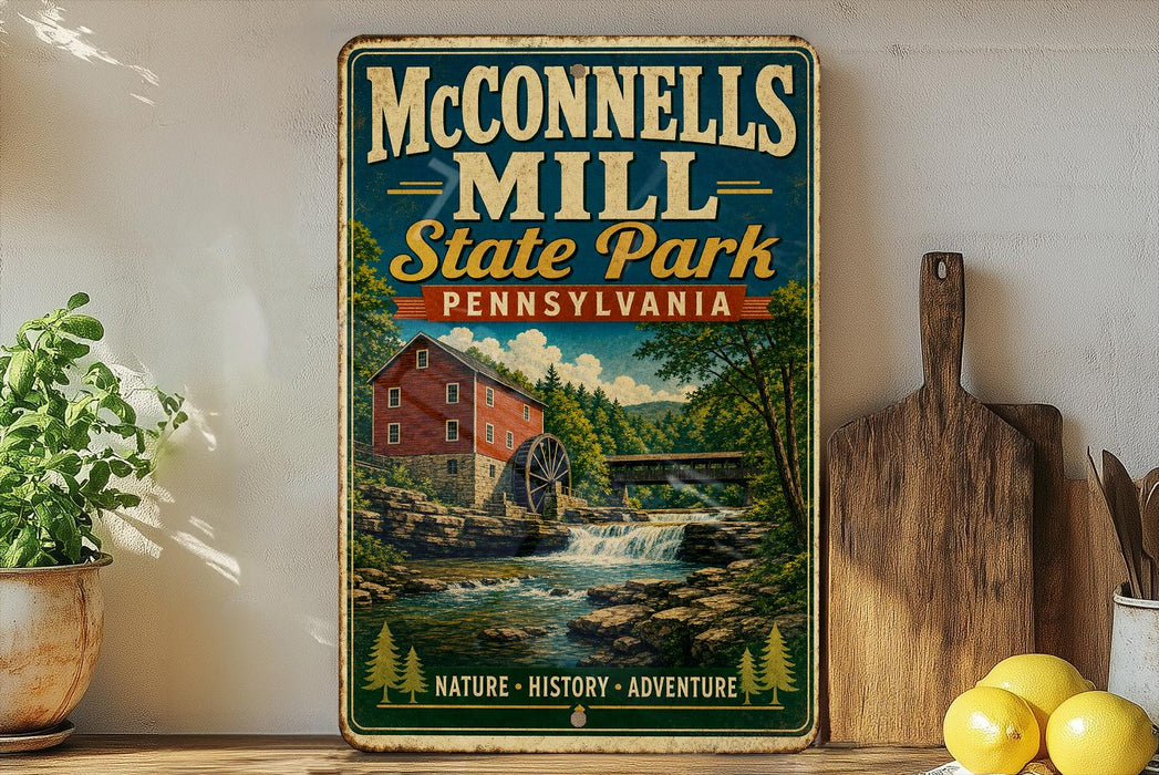 A vintage-style metal sign for McConnells Mill State Park in Pennsylvania, featuring a scenic illustration of a mill and a waterfall.