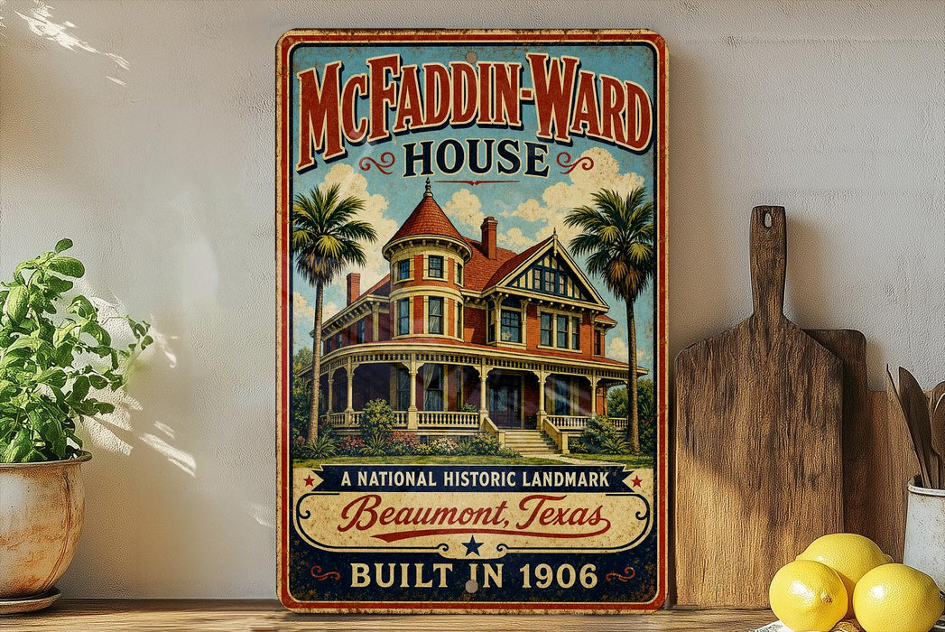 A vintage-style sign for the McFaddin-Ward House, a historic landmark in Beaumont, Texas, built in 1906.