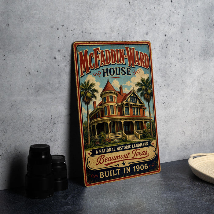 A vintage-style metal sign for the McFaddin-Ward House, a historic landmark in Beaumont, Texas, built in 1906.