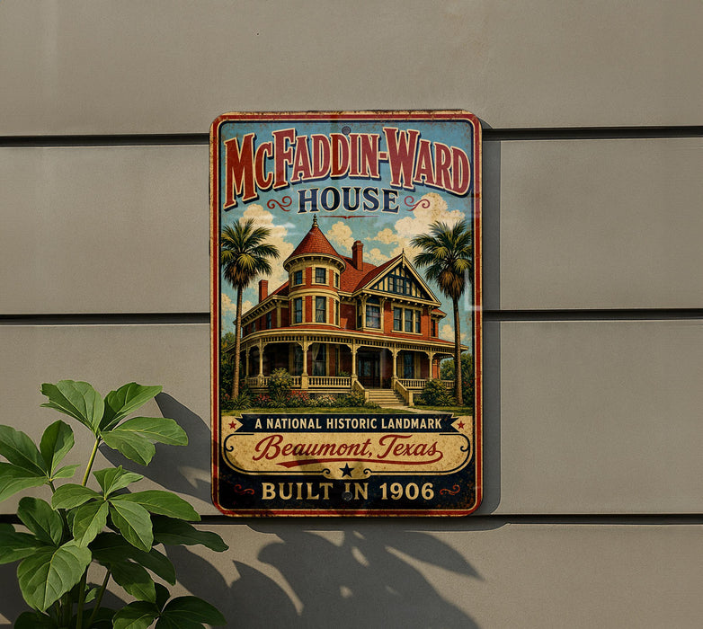 A vintage-style metal sign for the McFaddin-Ward House, a historic landmark in Beaumont, Texas, built in 1906.