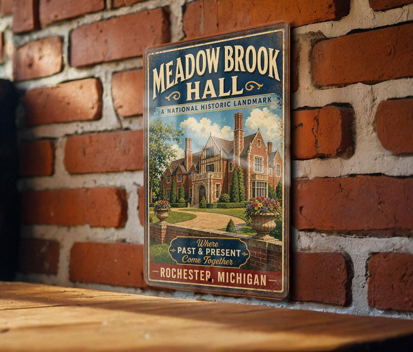 A vintage-style metal sign for Meadow Brook Hall, a historic landmark in Rochester, Michigan.