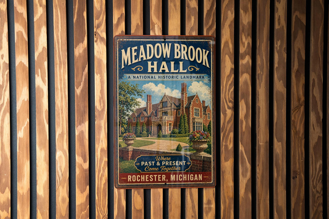 A vintage-style metal sign for Meadow Brook Hall, a historic landmark in Rochester, Michigan.