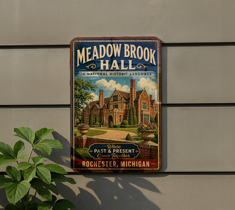 A vintage-style metal sign for Meadow Brook Hall, a historic landmark in Rochester, Michigan.