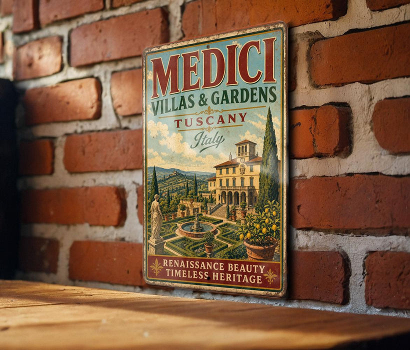 a vintage-style sign for "Medici Villas & Gardens" in Tuscany, Italy, with a brick wall and a wooden table in the background.
