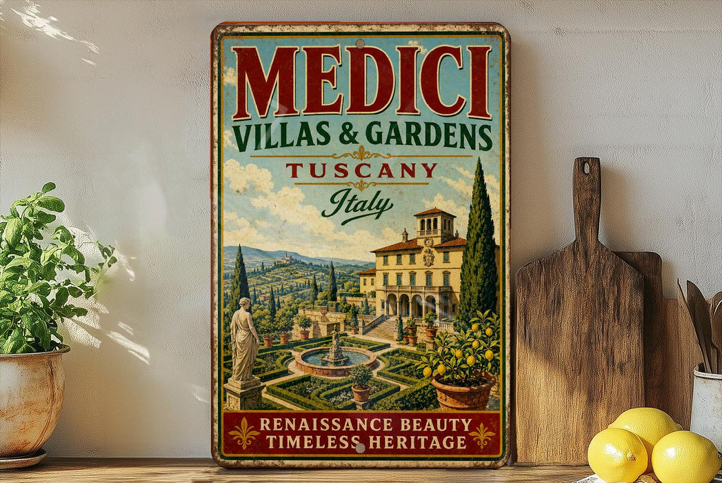 a vintage-style sign advertising "MEDICI VILLAS & GARDENS TUSCANY ITALY" with a scenic illustration of a villa and garden. The sign is displayed on a wall, surrounded by various kitchen utensils and decor items, such as a potted plant, a wooden cutting board, and a bowl of fruit.