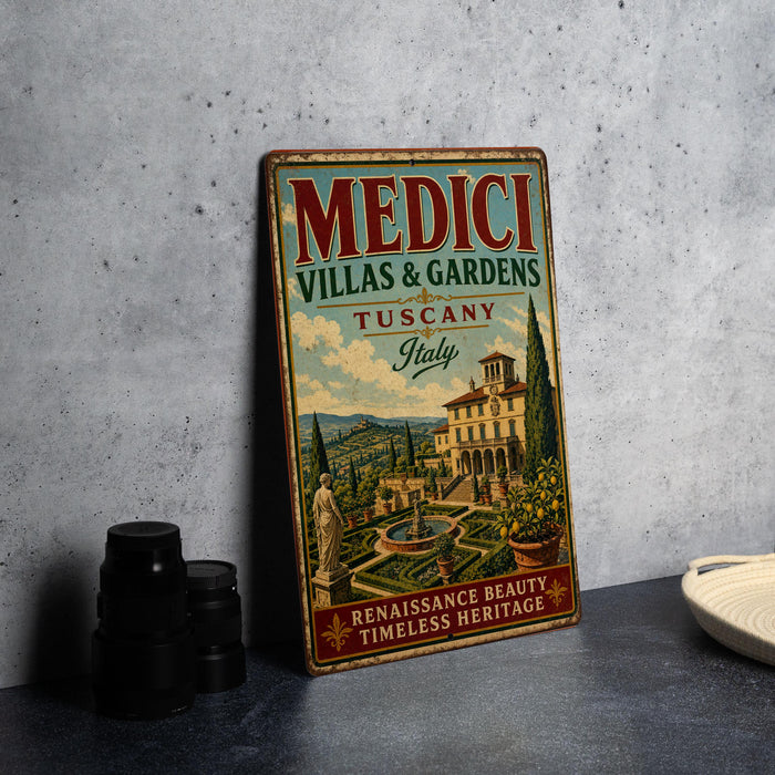 A vintage-style metal sign advertising Medici Villas & Gardens in Tuscany, Italy, with a scenic illustration of a garden and a building.