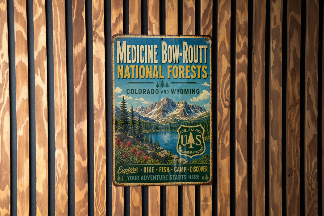 a vintage metal sign with a mountain landscape and text promoting Medicine Bow-Rout National Forests in Colorado and Wyoming.