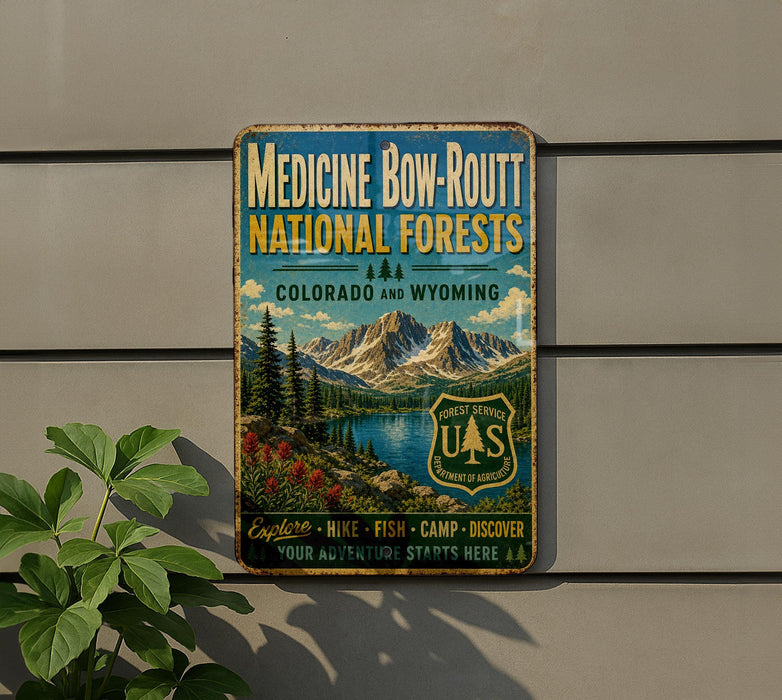 a vintage-style metal sign advertising Medicine Bow-Rout National Forests in Colorado and Wyoming, with a mountain landscape and a lake in the background.