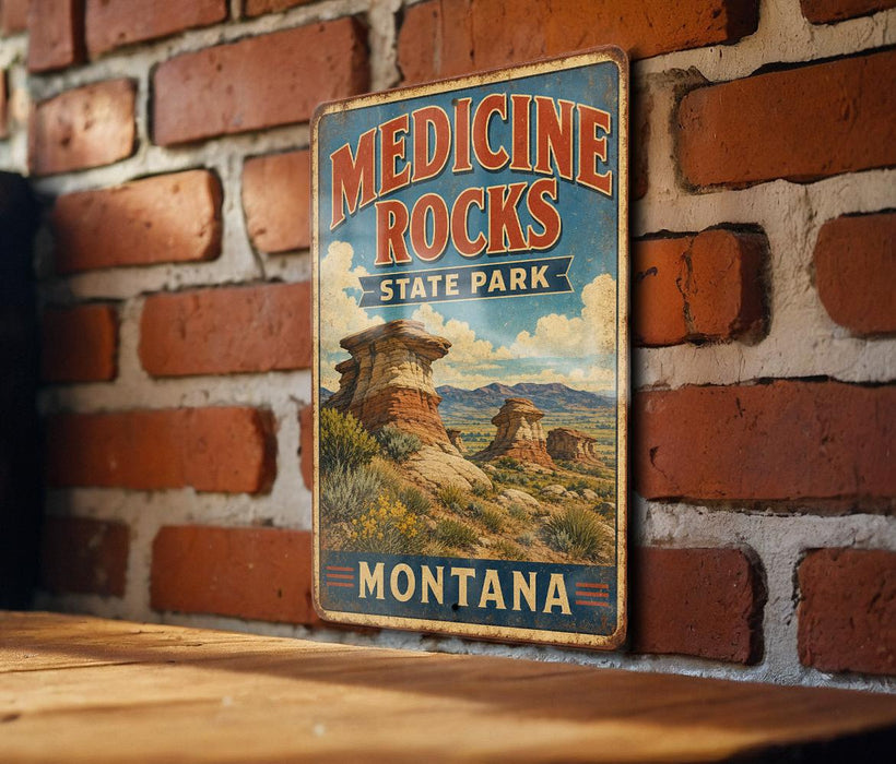 A vintage-style metal sign for Medicine Rocks State Park in Montana, featuring a scenic landscape with rock formations and mountains.