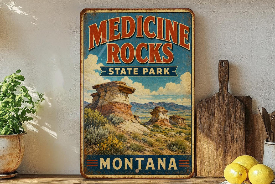 A vintage-style sign for Medicine Rocks State Park in Montana, featuring a scenic landscape with rock formations and mountains.