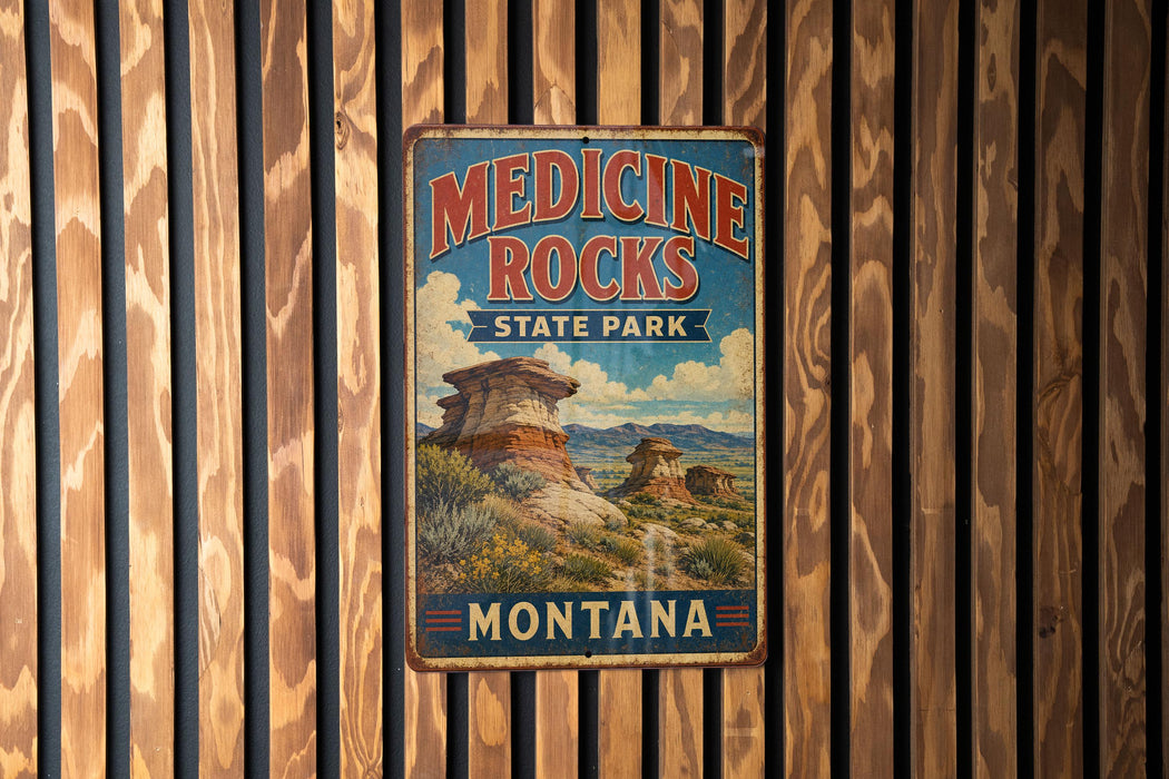 A vintage-style metal sign for Medicine Rocks State Park in Montana, featuring a scenic landscape with rock formations and a cloudy sky.