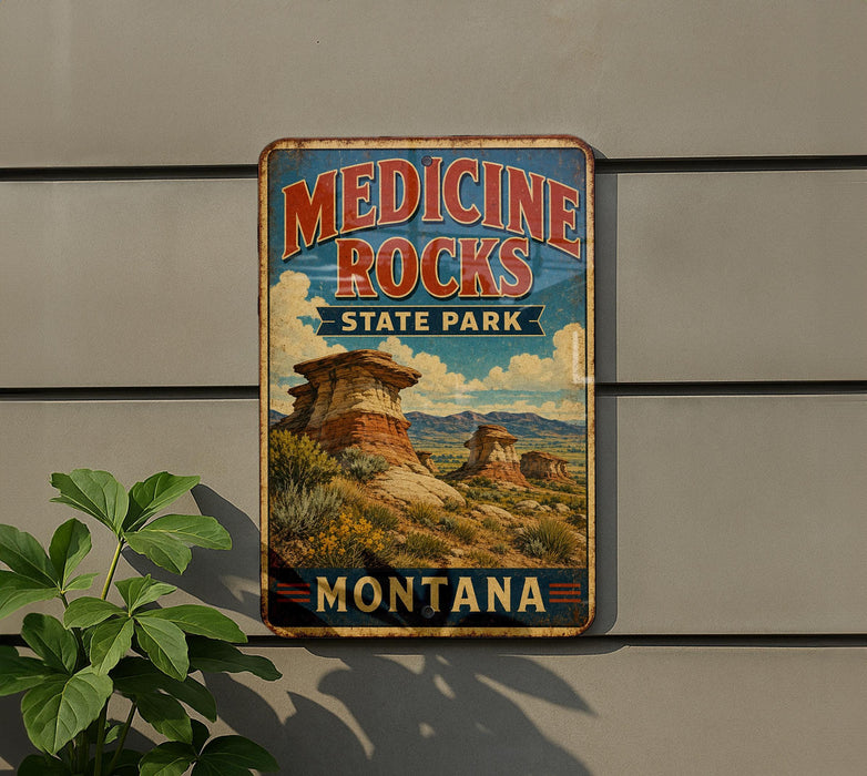 A vintage-style metal sign for Medicine Rocks State Park in Montana, featuring a scenic landscape with rock formations and a blue sky.