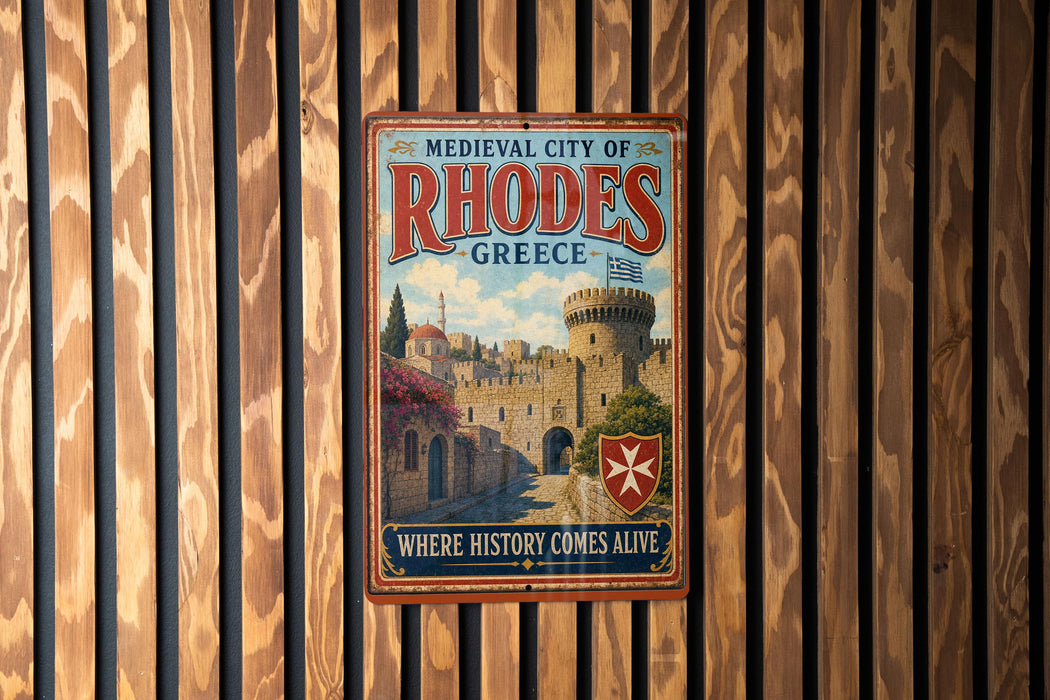 A vintage metal sign for Rhodes, Greece, featuring a castle and the text "Medieval City of Rhodes Greece" and "Where history comes alive".