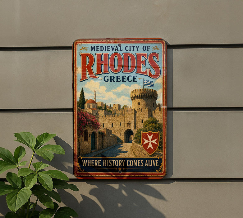 A metal sign on a wall that reads "Medieval City of Rhodes Greece" and features a castle and a red cross symbol.