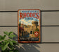 A metal sign on a wall that reads "Medieval City of Rhodes Greece" and features a castle and a red cross symbol.