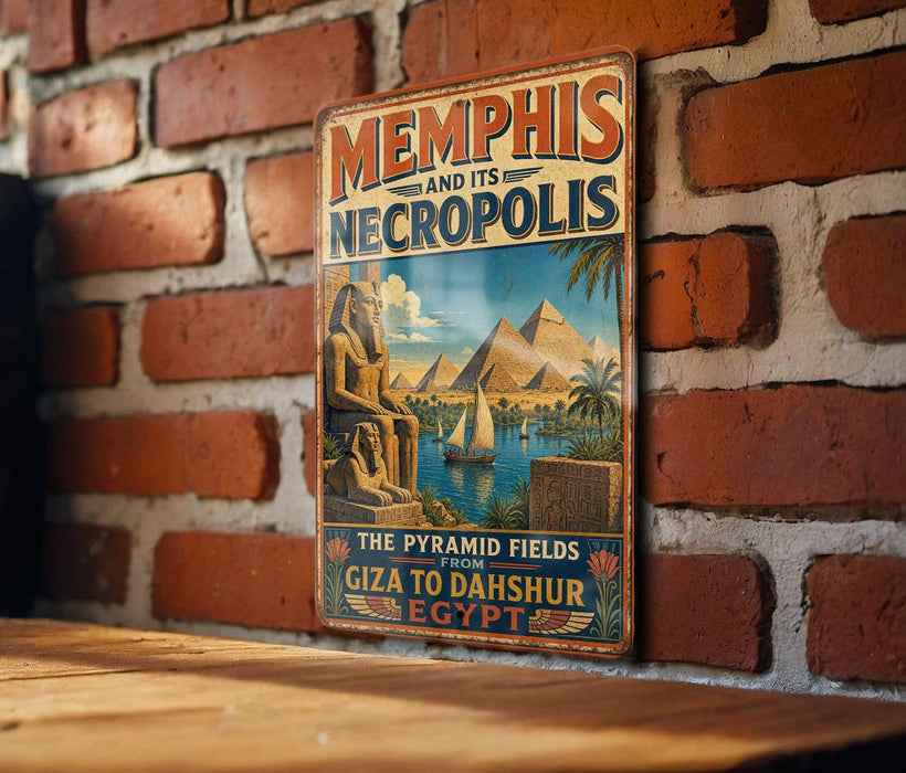 A vintage travel poster advertising the "Memphis and its Necropolis" featuring the " pyramid fields" from Giza to Dahshur, Egypt.