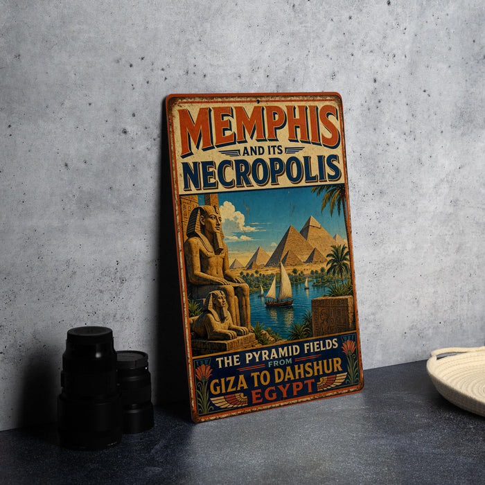 A vintage-style metal sign advertising "Memphis and its Necropolis" and "The Pyramid Fields Giza to Dakhur Egypt" is displayed on a gray wall.